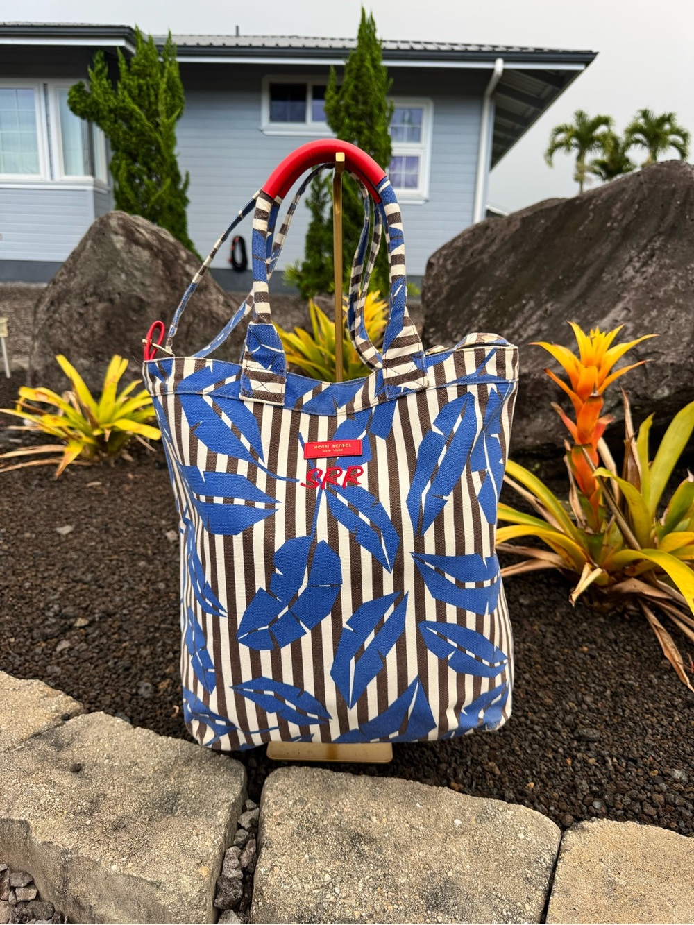 Henri Bendel New York Canvas Tote Bag Blue Leaf Stripe Monogram SRR